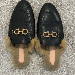 SHEIN Black Mules with Gold Detail and Fur Lining size 41
